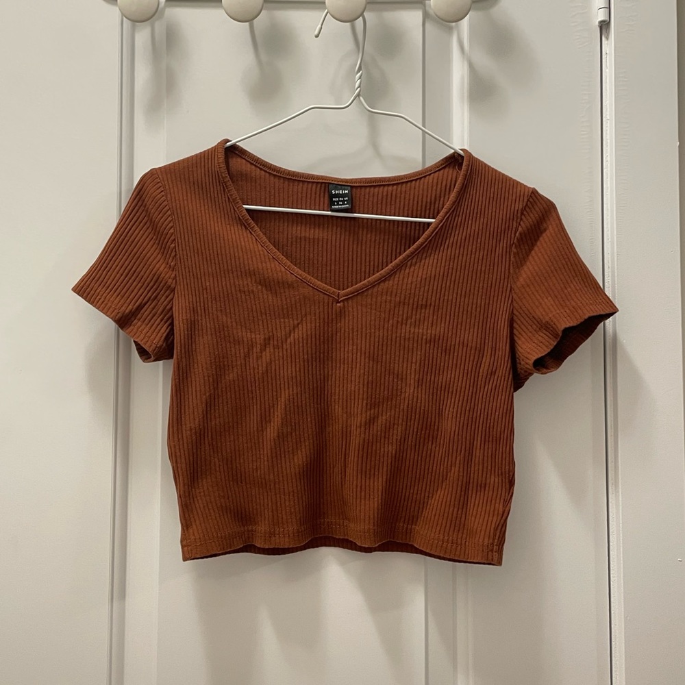Burnt Orange V-Neck Ribbed Knit Crop Top T-Shirt in Size S or US 4